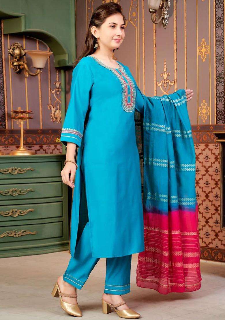 Turquoise Blue Embroidered Silk Kurta Set For Girls - Indya