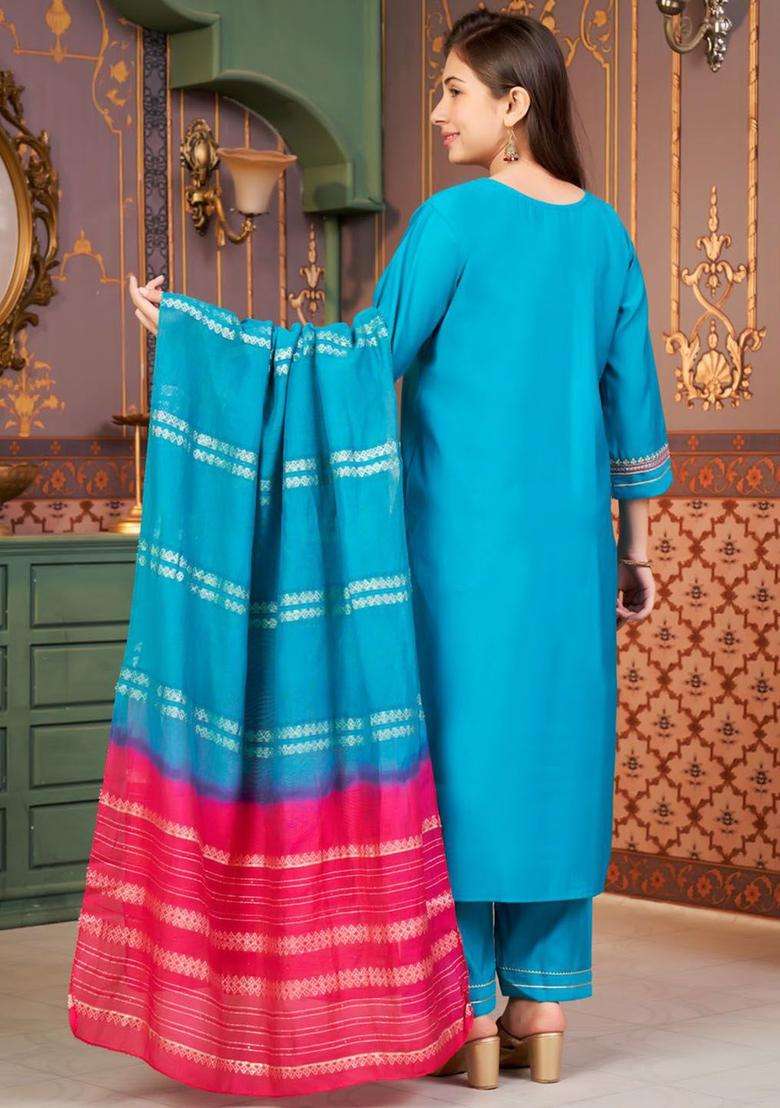 Turquoise Blue Embroidered Silk Kurta Set For Girls - Indya