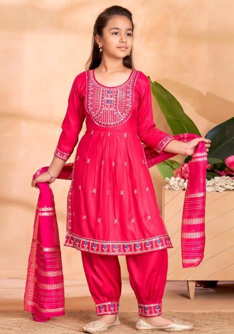 Pink Cotton Kurta Set For Girls — view on Indya