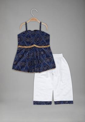 Navy Blue Printed Cotton Kurta Set For Girls