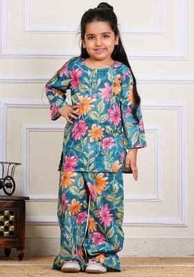 Turquoise Blue Printed Cotton Kurta Set For Girls