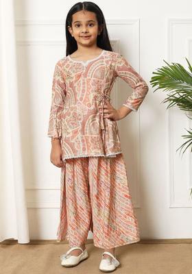Purple Printed Silk Kurta Set For Girls