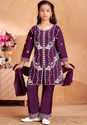 Purple Embroidered Silk Kurta Set For Girls