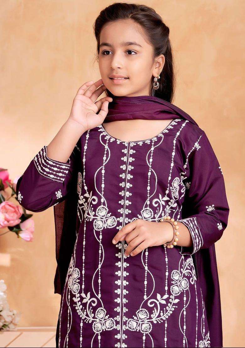 Purple Embroidered Silk Kurta Set For Girls - Indya