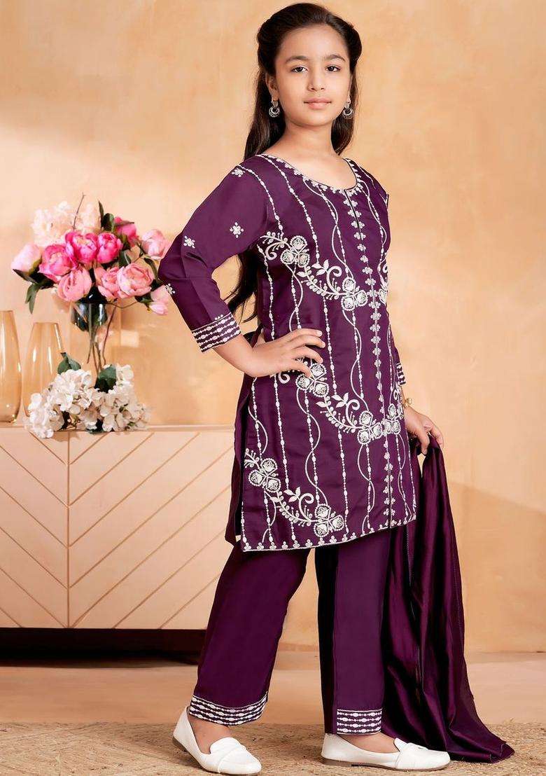 Purple Embroidered Silk Kurta Set For Girls - Indya