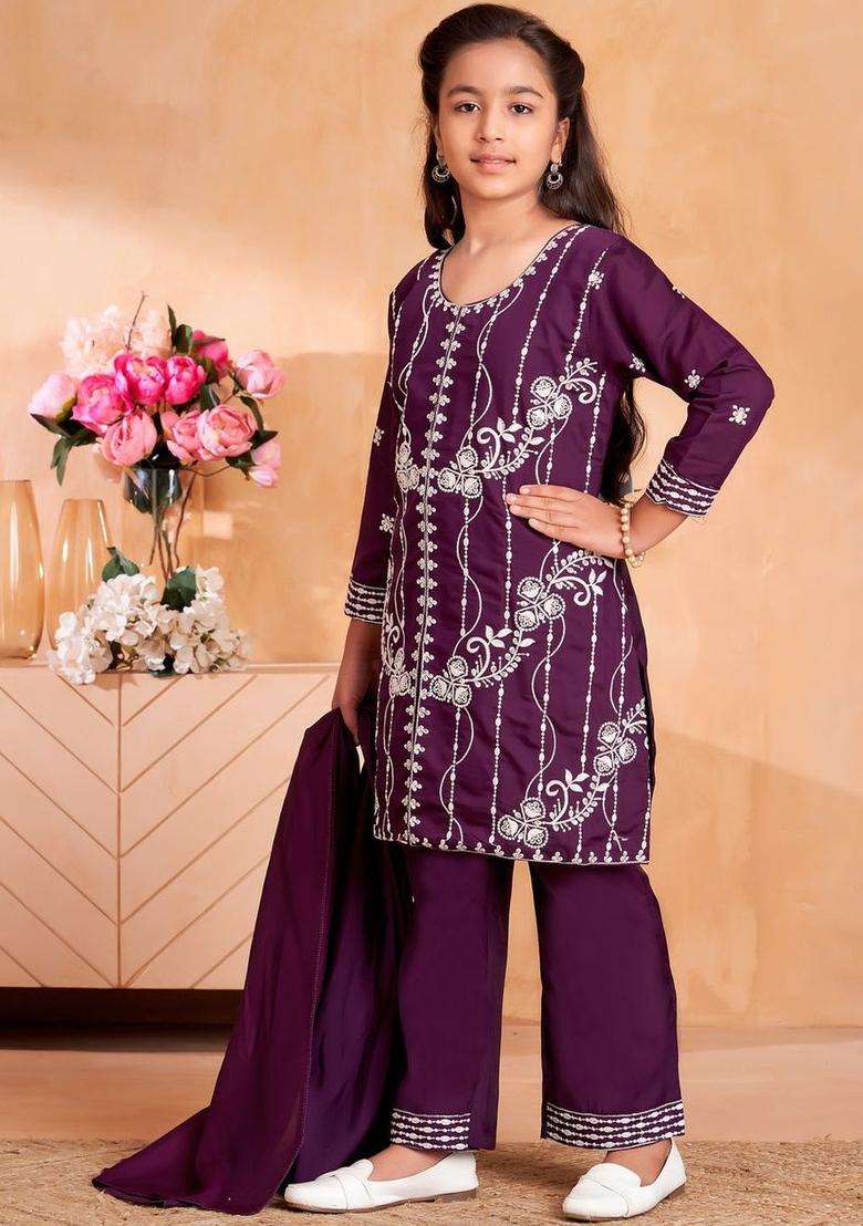 Purple Embroidered Silk Kurta Set For Girls - Indya