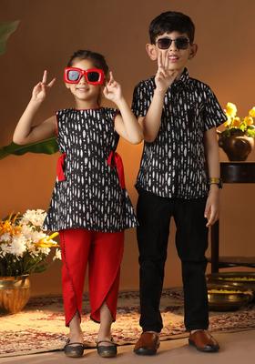 Black Printed Cotton Kurta Set For Girls
