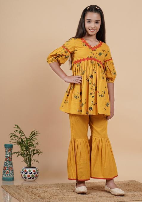 Yellow Printed Cotton Kurta Set For Girls — view on Indya