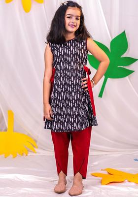 Black Printed Cotton Kurta Set For Girls