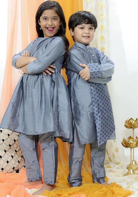 Grey Printed Viscose Kurta Set For Girls — view on Indya