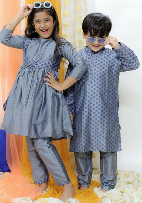 Grey Printed Viscose Kurta Set For Girls — view on Indya
