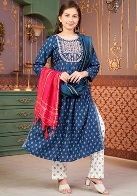 Turquoise Blue Printed Viscose Kurta Set For Girls