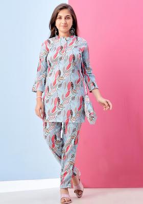 Turquoise Blue Printed Polyester Kurta Set For Girls