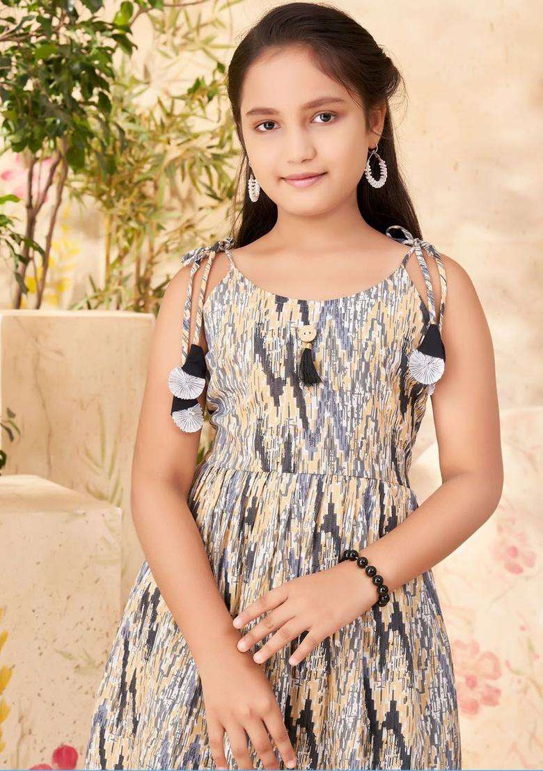 Grey Printed Cotton Kurta Set For Girls - Indya