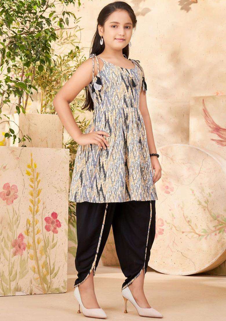 Grey Printed Cotton Kurta Set For Girls - Indya