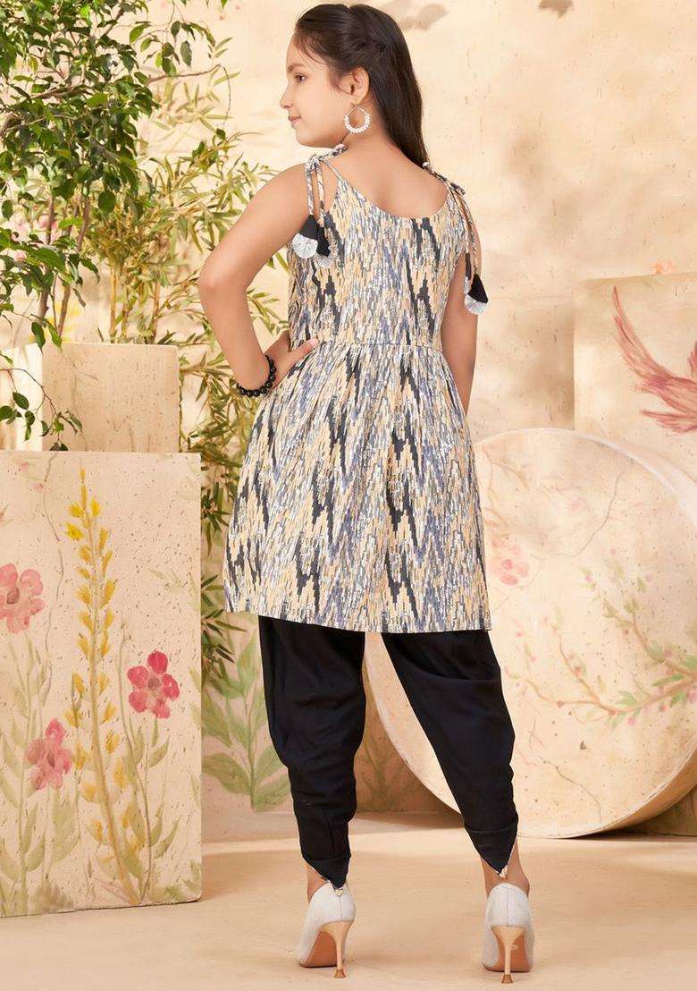 Grey Printed Cotton Kurta Set For Girls - Indya