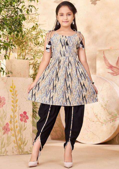 Grey Printed Cotton Kurta Set For Girls