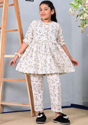 Off White Printed Cotton Kurta Set For Girls