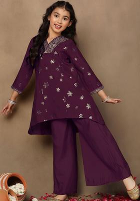 Purple Printed Silk Kurta Set For Girls