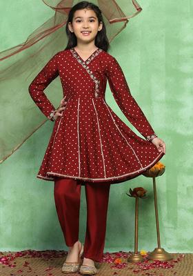 Maroon Printed Silk Kurta Set For Girls