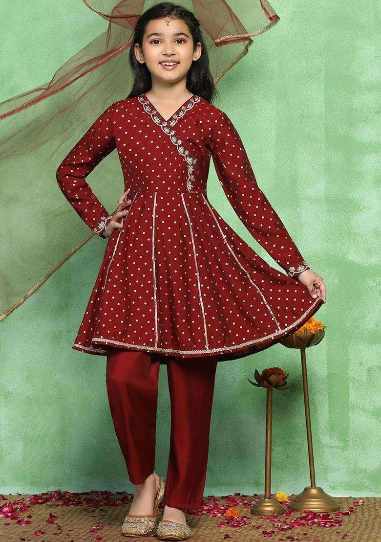 Maroon Printed Silk Kurta Set For Girls - Indya