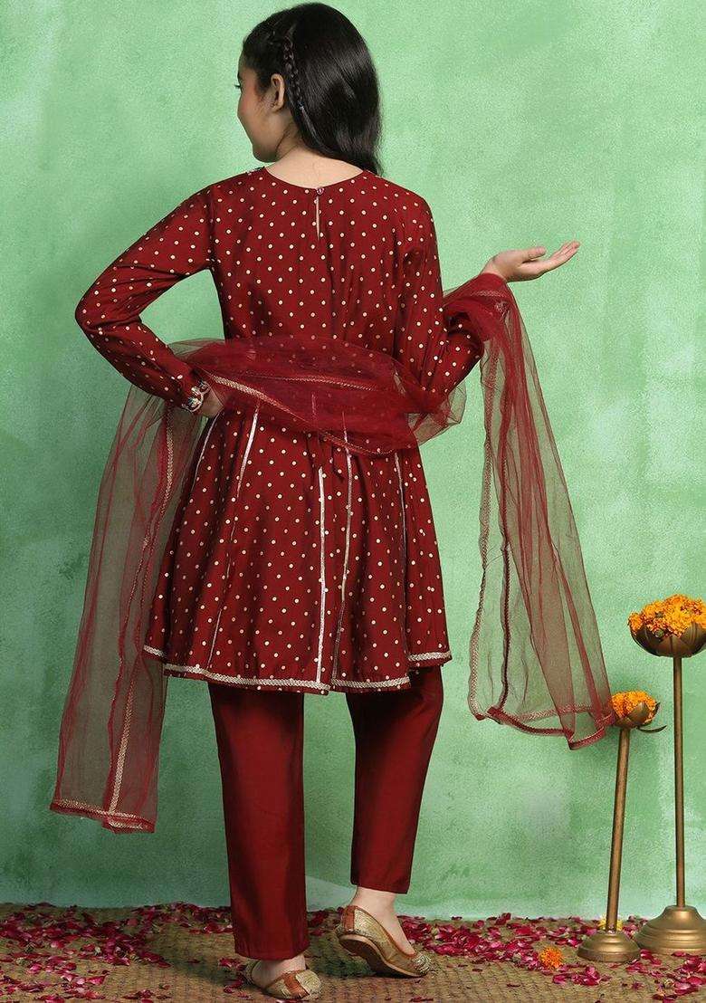 Maroon Printed Silk Kurta Set For Girls - Indya
