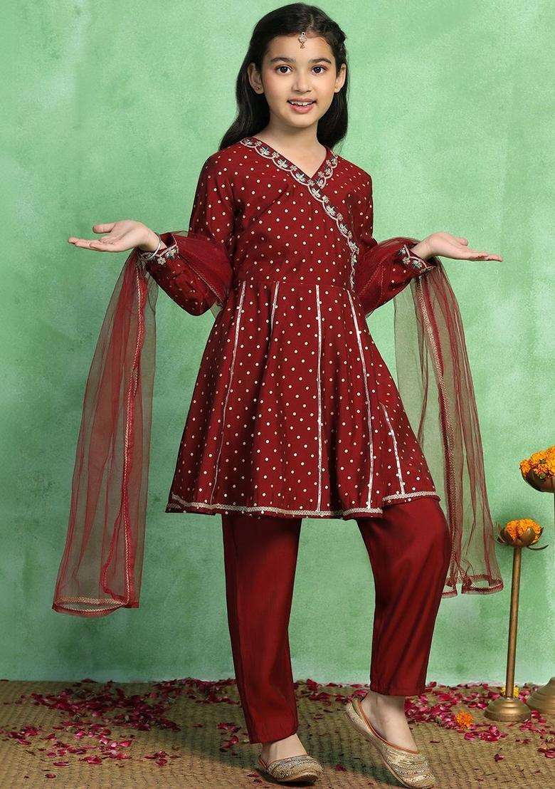 Maroon Printed Silk Kurta Set For Girls - Indya
