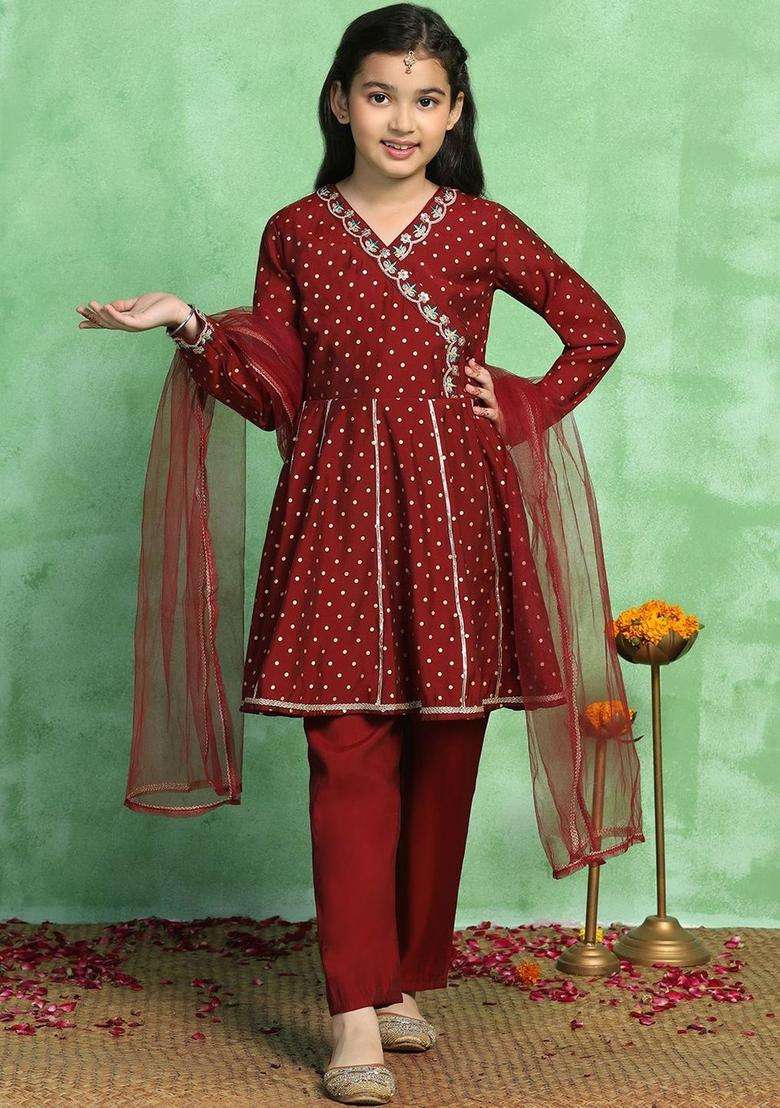Maroon Printed Silk Kurta Set For Girls - Indya
