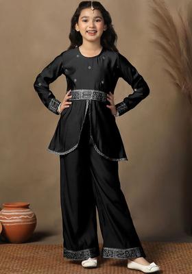 Black Embroidered Silk Kurta Set For Girls