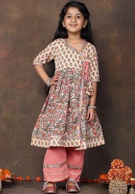 Off White Printed Cotton Kurta Set For Girls