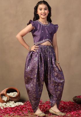 Purple Embroidered Silk Kurta Set For Girls