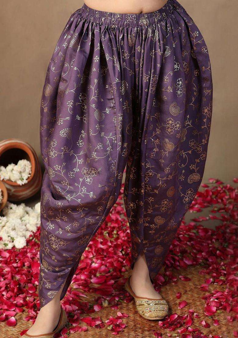 Purple Embroidered Silk Kurta Set For Girls - Indya
