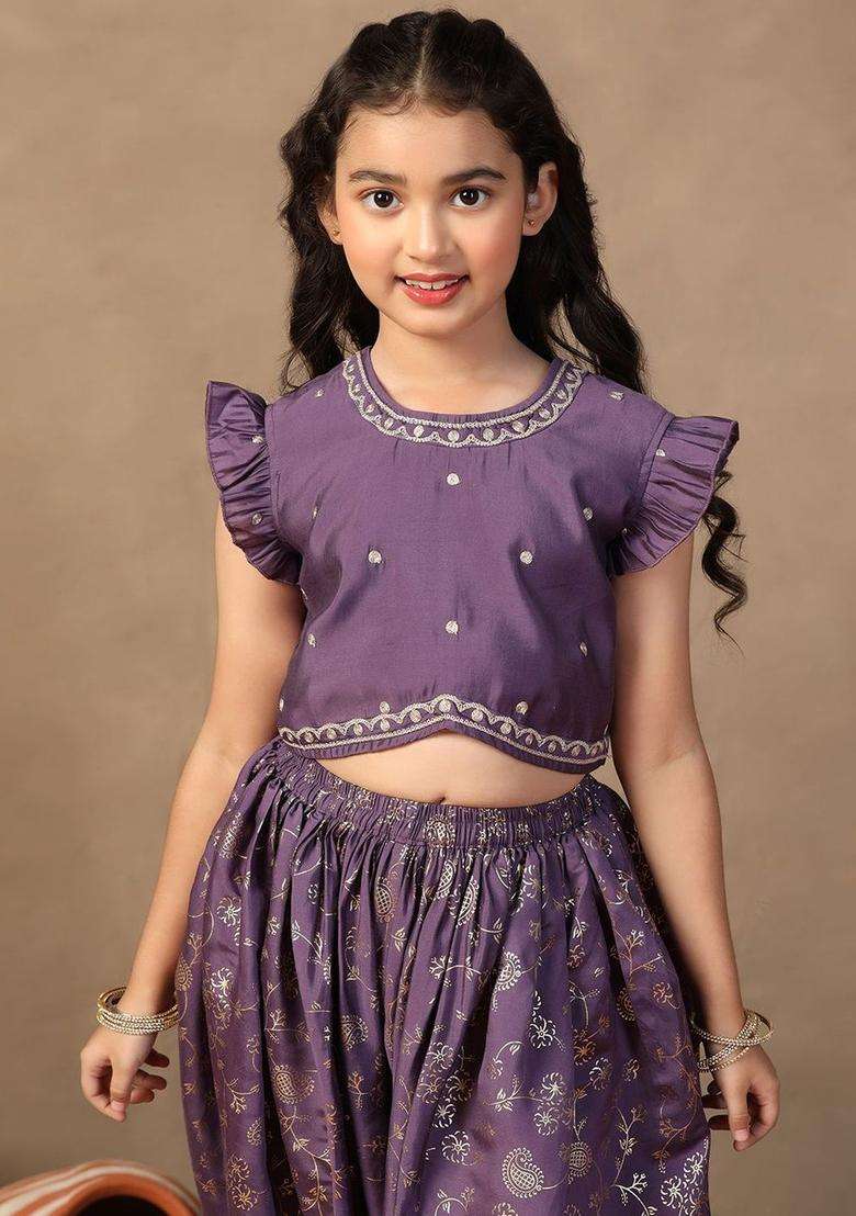 Purple Embroidered Silk Kurta Set For Girls - Indya