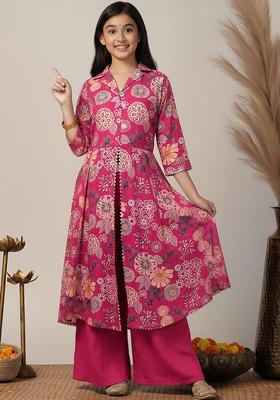 Pink Printed Silk Kurta Set For Girls