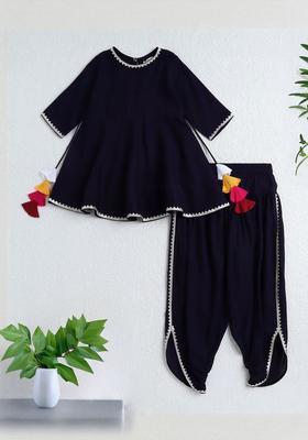Navy Blue Solid Polyester Kurta Set For Girls