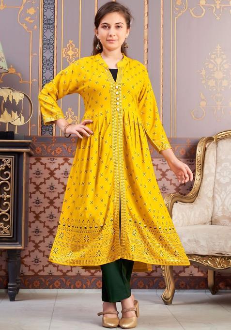 Yellow Viscose Kurta Set For Girls — view on Indya