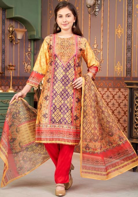 Yellow Satin Kurta Set For Girls — view on Indya