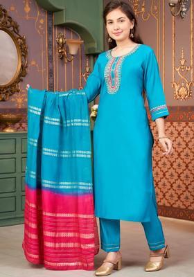 Turquoise Blue Solid Silk Kurta Set For Girls
