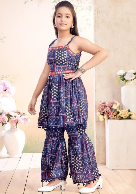 Navy Blue Polyester Kurta Set For Girls — view on Indya