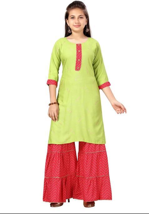 Green Cotton Kurta Set For Girls — view on Indya
