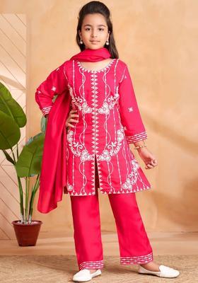 Pink Embroidered Silk Kurta Set For Girls