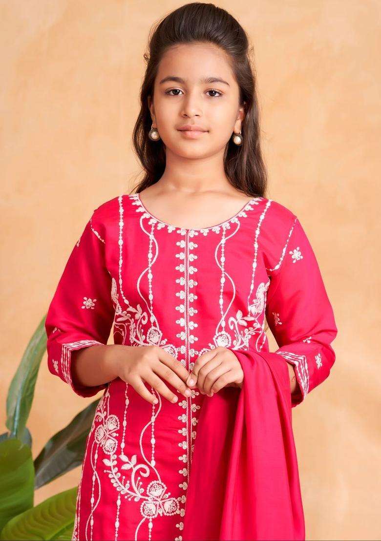 Pink Embroidered Silk Kurta Set For Girls - Indya