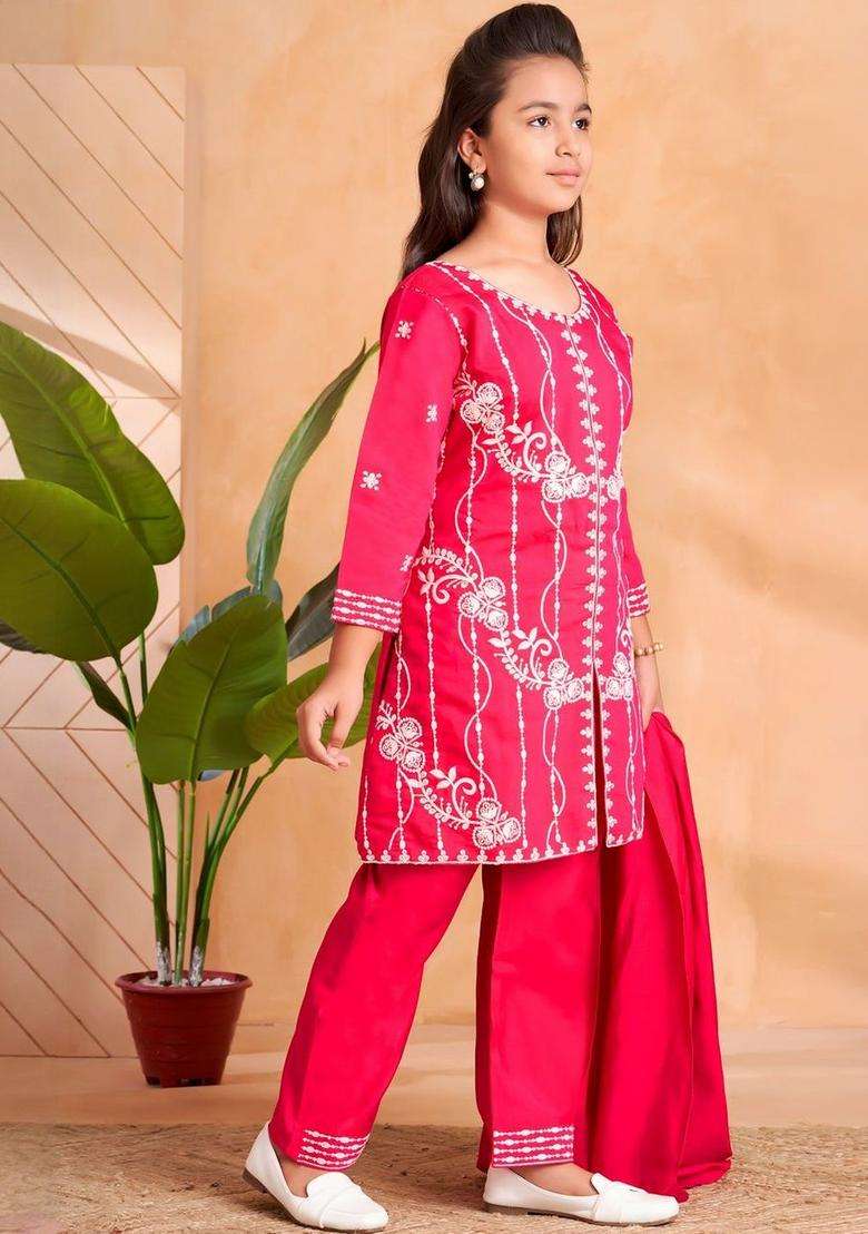 Pink Embroidered Silk Kurta Set For Girls - Indya