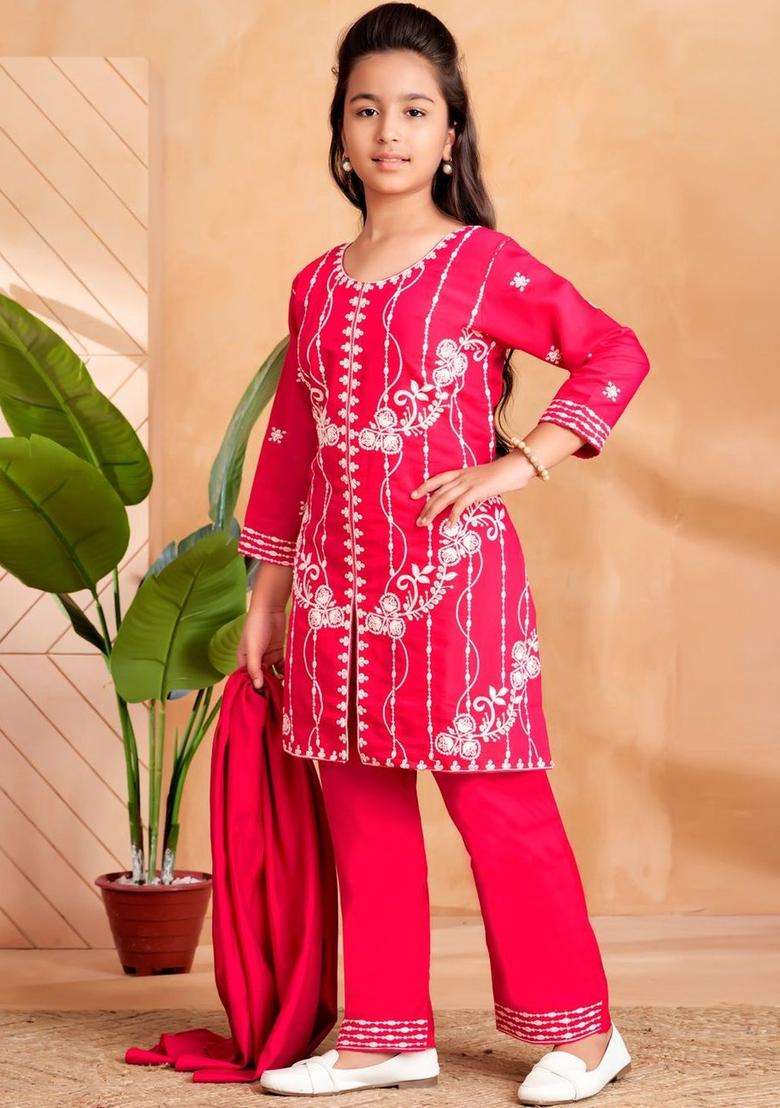 Pink Embroidered Silk Kurta Set For Girls - Indya
