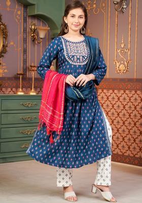 Turquoise Blue Printed Viscose Kurta Set For Girls