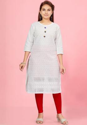 White Embroidered Cotton Kurta Set For Girls