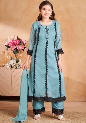 Turquoise Blue Embroidered Georgette Kurta Set For Girls