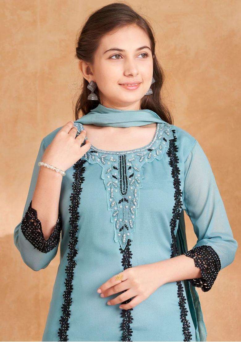 Turquoise Blue Embroidered Georgette Kurta Set For Girls - Indya