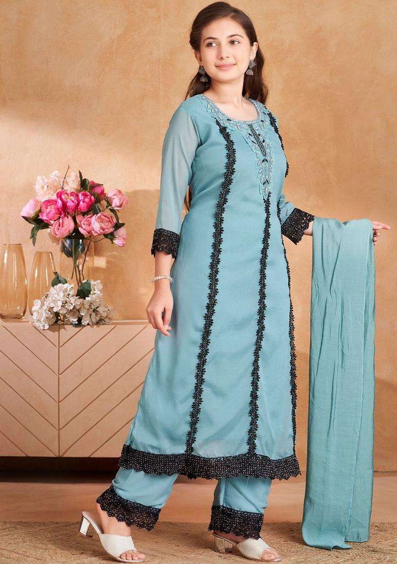 Turquoise Blue Embroidered Georgette Kurta Set For Girls - Indya