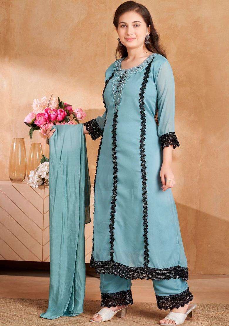 Turquoise Blue Embroidered Georgette Kurta Set For Girls - Indya